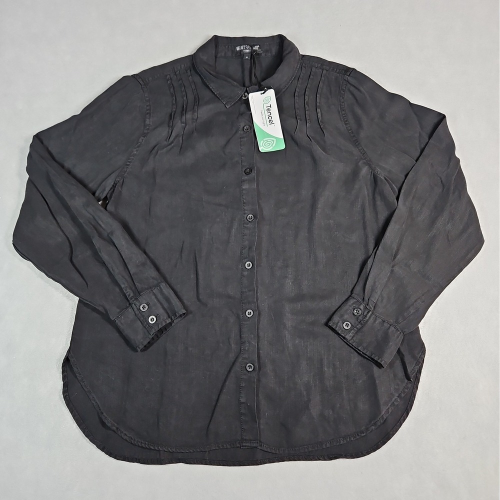 Velvet Heart Womens Black Tencel Pintuck Button Up Shirt Size Medium NWT